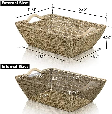 Cestas de ervas marinhas com graciaDeco, com linhas de madeira, cesto de armazenamento de vime raso e raso para organizar retângulo irregular, 2 pacote