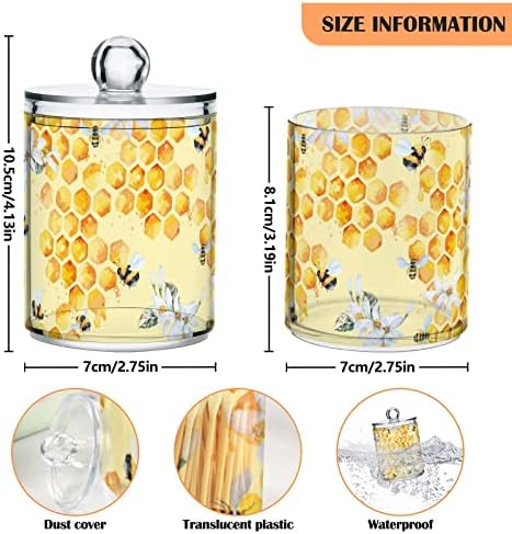 Yyzzh aquarela abelha favo de mel floral floral 4 pacote de suporte QTIP Dispensador para algodão Swab Ball Redond Pads Floss 10 oz Jar de boticário Conjunto para o banheiro organizador