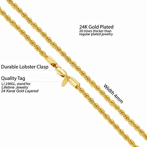 Jóias ao longo da vida Chain de corda de ouro de 4 mm para homens e mulheres 24k Colar de ouro de diamante de ouro real de ouro de 16 a 30 polegadas