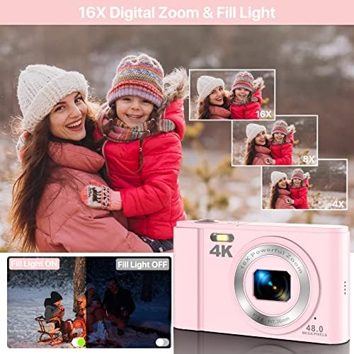 Câmera digital, câmera de câmera de 48MP de 48MP com câmera de bolso compacta com o cartão SD de 16x Zoom 32 GB, Point and Shoot para idosos adultos para alunos iniciantes para crianças iniciantes