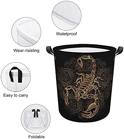 Bolsa de lavanderia Golden Scorpio com alças cestas de armazenamento à prova d'água redonda de 16,5 x 17,3 polegadas