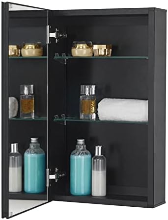 Fundin Medicine Gabinet 14 x 24 polegadas tamanho espelhado, montagem recuada ou superficial, armário de parede de banheiro de alumínio preto com espelho e prateleiras ajustáveis.