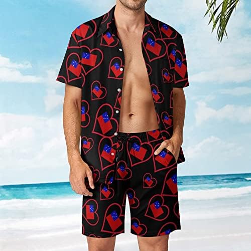 Eu amo samoan vermelho coração homem 2 peças havaian button-down shirve shirts calças de praia