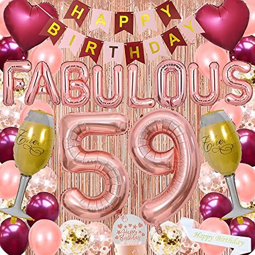 FancyPartyShop 59º Birthday Decorations Supplies for Girls and Women Borgonha Pink Happy Paper Banner Bolo de faixa Topper Latex Balloons