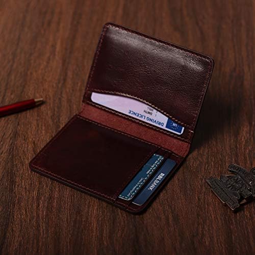 Titular do cartão de crédito de couro Foxhackle para homens, carteira de bloqueio de RFID bifold, carteira minimalista de bolso dianteiro, cor de cereja de caixa pequena, cor de cereja