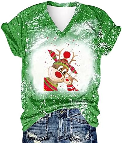 Tops branqueados de Natal para mulheres RENAS DE RENAS DE RENAS TSHIRTS TSHIRTS CASual V Blusa de manga curta de pescoço camisetas