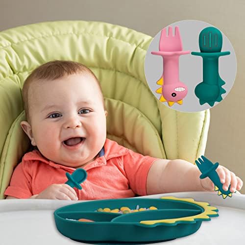 Placas de criança de silicone nicingus, placas de sucção para bebê com colher e garfo conjunto de garotos divididos prato auto-alimentação