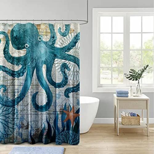Cortina de chuveiro de banheiro de animais oceânicos - cortina de chuveiro de polvo ， Decoração do banheiro da praia do mar 72 x