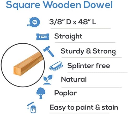 Hastes de dowel quadrado de madeira 3/8 de polegada x 36 pacote de 20 palitos de madeira para artesanato e madeira por