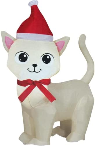 Cat de Kitty de Natal em chapéu de Papai Noel e Bow Christmas Holiday Inflatable 3,5 pés com remendos de reparo
