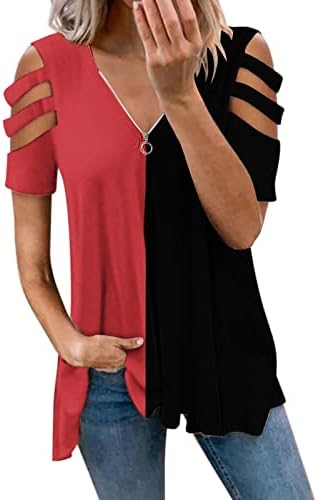 Camisas de manga comprida femininas Mulheres de verão T Tunic de manga curta V de pescoço com zíper ombros frios ombros
