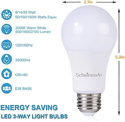 Lâmpadas LED de 3 vias Scheinenda A21, 50 100 150 WATT equivalentes, perfeitas para leitura, branca quente, lâmpada padrão