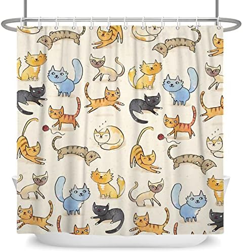Cortinas engraçadas de chuveiro de gatos para crianças, colorido de desenho animado de desenho animado Acessórios de banho de animais para meninos Decoração de dormitório do banheiro de meninas 60x72 polegadas Poyester com ganchos