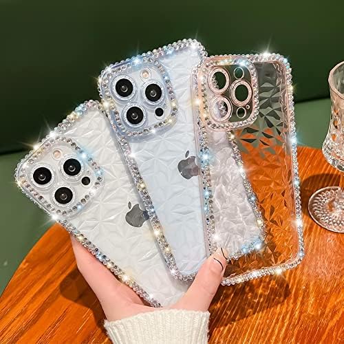 Kwhapoo Compatível com iPhone 13 Pro 6,1 polegadas, caixa de strass de diamante de diamante Bling Crystal clara para meninas mulheres, brilho brilhante, brilho macio lente de silicone, casos de telefone de proteção completa