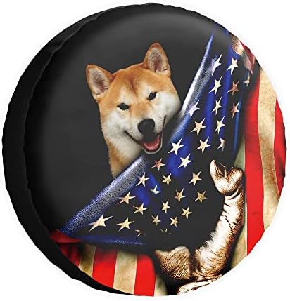 Cafetime Tampa de pneu sobressalente com cachorro Shiba Inu Bandeira americana Protetores de rodas americanos Capas de água à prova de poeira de água Capas de roda de 16 polegadas Universal para Jeep Trailer RV SUV Camper Camper Trailers