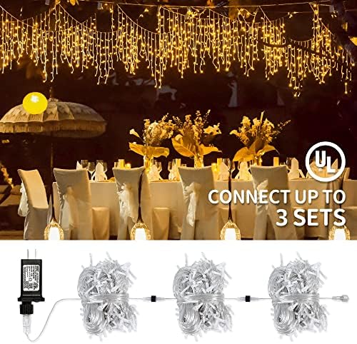 Oopswow 33ft 300 Luzes de gelo LEDs Luzes de Natal à prova d'água ao ar livre Luzes de Natal com 50 gotas de gelas de gelo branco para festas de casamento Decorações internas de Natal, branco quente