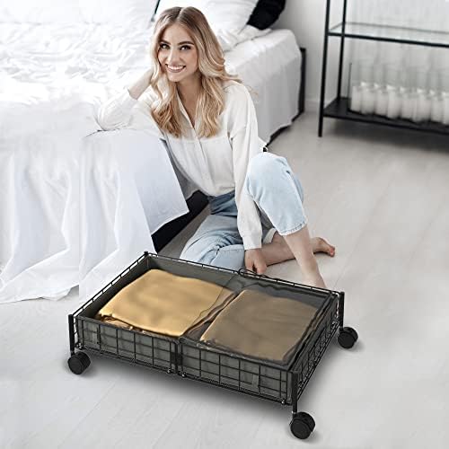 Brellahome - Sob recipientes de armazenamento de cama com rodas e bolsas, armazenamento subordinado, dobrável, cesta de metal,