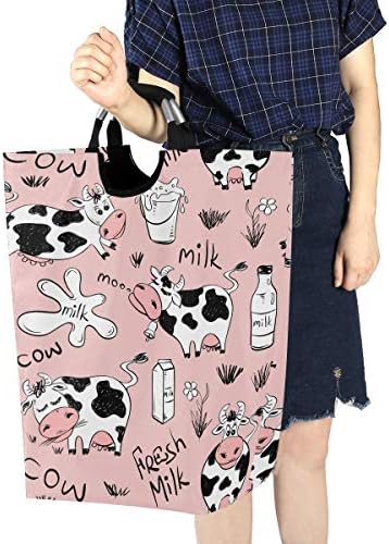 ALAZA Funny Cow Print and Milk Pink grande lavanderia cesto de roupa colapsável com alças Roupas impermeáveis ​​Durável Lavagem redonda Bin Dirty Cestas Organização