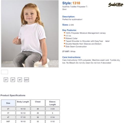 Sublivie 1310 Toddler Sublimation Camiseta de poliéster Branco 2T