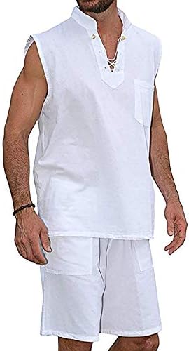 QNIHDRIZ Mens 2 peças linho de algodão conjunto de mangas Henley Camisa e shorts casuais roupas de praia de verão, masculino de