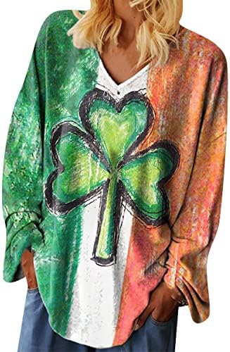Yming Womens St. Patricks Dia de tamanho grande camisa de molhar de shamrock camisas de manga longa V Tops de alpinato de