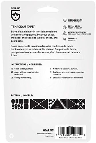 Gear Aid Tenacious Fita Reflection Patches para segurança, jaquetas, bicicletas e equipamentos ao ar livre, vários tamanhos, prata, 2-PK