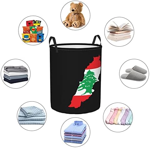 Bandeira do Líbano Mapa da cesta de toragem grande redonda com alças de lavanderia, para roupas sujas de armazenamento de lavanderia no banheiro