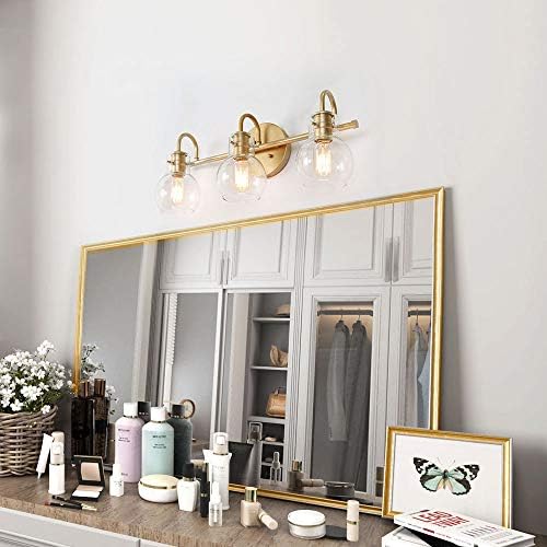 Ksana Gold Bathroom Vaidade Luminárias com sombra de vidro transparente, 22 ”x7” x9 x9