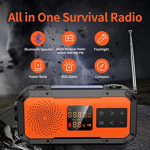 Rádio solar de manivela de manivela de emergência pequena com alto -falante de Bluetooth à prova d'água, rádio meteorológico AM