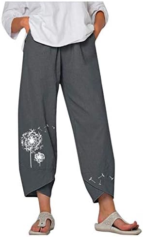 Calças de linho de algodão casual de verão para mulheres calças de perna lisada solta calças de cintura alta com bolsos Comfort