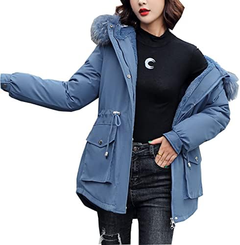 Feminino espeto de lã Flored parka cintura prateleira de inverno casaco de inverno com manga longa jaqueta com capuz de pele com bolsos