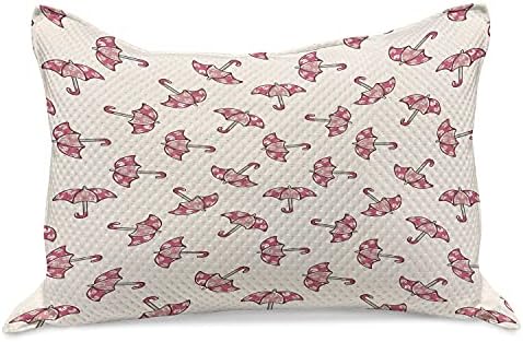 Ambesonne Umbrella micotela de colcha de travesseira, desenho animado desenhado gatinho imprimido Acessórios de chuva rosada Ilustração, capa padrão de travesseiro de tamanho queen para quarto, 30 x 20, champanhe rosa