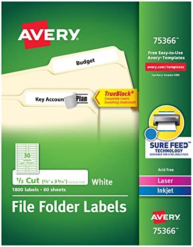 Avery Arquivo Pasta Rótulos para impressoras a laser e a jato de tinta com tecnologia TrueBlock, 3,4375 x .66 polegadas, branca, caixa de 1500