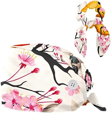 Enfermeira Scrub Caps Cabelos longos, peixes koi e tampa de trabalho ajustável de cereja Sakura com scrunchie de botão e cabelo