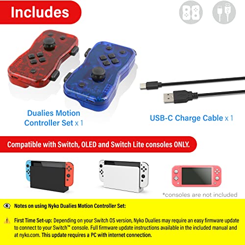 Conjunto de controladores de dualas NYKO para Nintendo Switch - vermelho/azul: jogos sem fio confortáveis, responsivos e precisos com controle de movimento, cabo de carga USB C. Alternativa Joycon