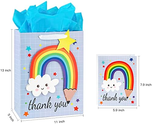 Maypluss 13 Bolsa de presente grande com cartão de felicitações e papel de lenço de lenços para agradecimento - Rainbow Lápis Design