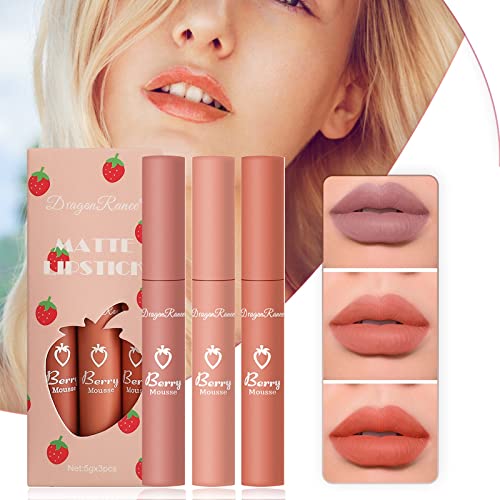 3pc Strawberry Lip Balm Lip Gloss Conjunto de batom para feminino Lip Stain Lip Diuring Straim de esmalte não