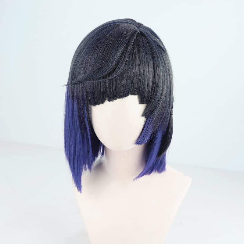 Yelan Cosplay Wig 35cm curto preto gradiente roxo peruca anime yelan perucas perucas resistentes ao calor Cabelo sintético