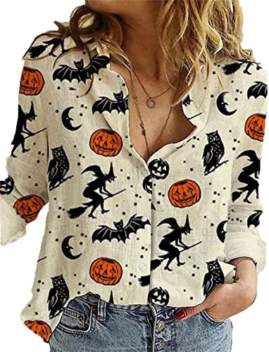 Melliflo Halloween camisas para mulheres de manga comprida botão abaixar roupas de impressão gráfica de abóbora