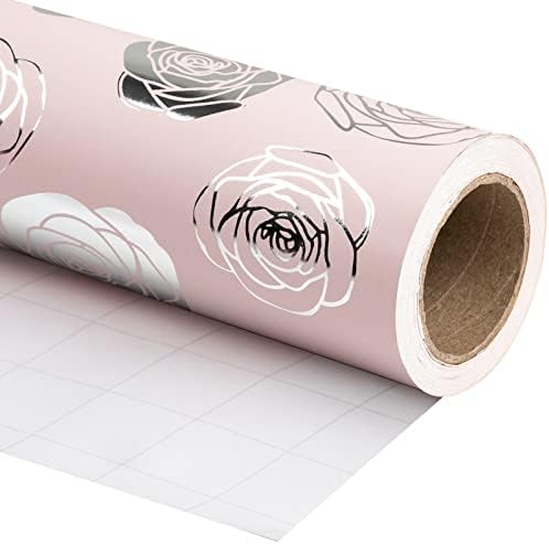 Papel de embalagem floral wrapaholic - mini roll - 17 polegadas x 33 pés - rosa com design de folha de prata para casamento, aniversário,
