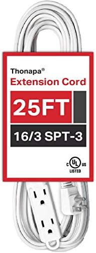 TONAPA CANTO DE EXTENSÃO de 25 pés com 3 tomadas elétricas - 16/3 Cabo branco durável