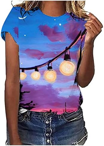 camiseta de impressão de paisagem de verão lcepcy para mulheres de manga curta solta pescoço redondo de pescoço leve casual tops
