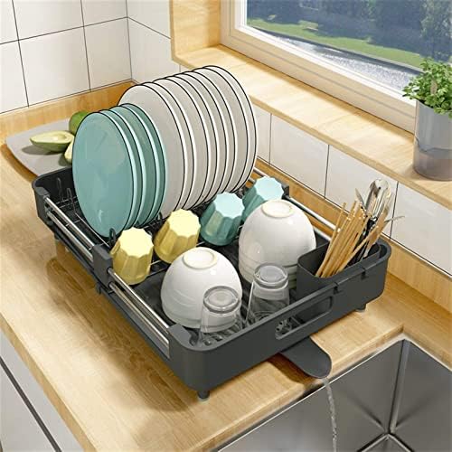 Rack de secagem de depila, prato de seca de aço inoxidável Organizador de placas de cozinha ajustável com drenagem sobre a pia