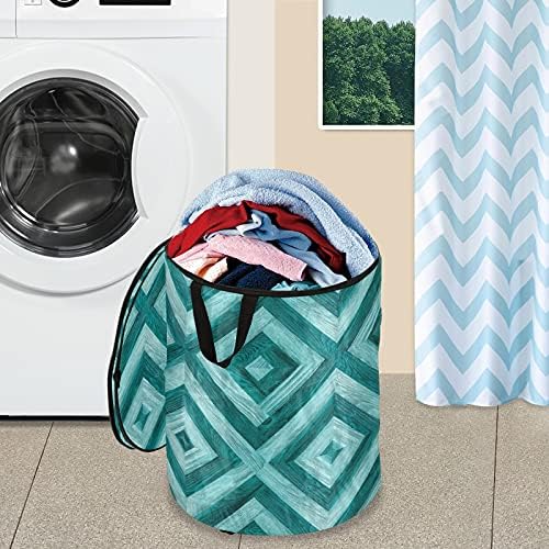 Blue Teal Wooden Pop Up Laundry Horse com tampa dobrável cesta de armazenamento Bolsa de lavanderia dobrável para a organização