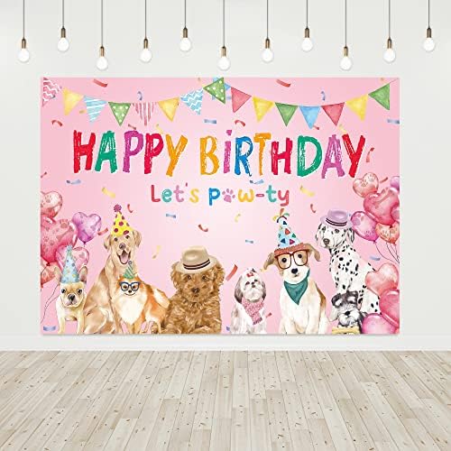 Riyidecor cachorro feliz aniversário cenário rosa cachorrinho cães decoração de festa de festa 5x3 pés de desenho animado