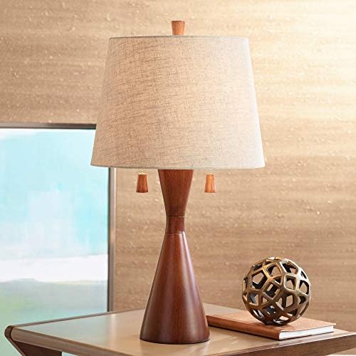360 Iluminação OMAR Lâmpada de mesa moderna 28 3/4 Alta quente marrom marrom madeira ampulheta tecido de aveia tambor tomada tambor