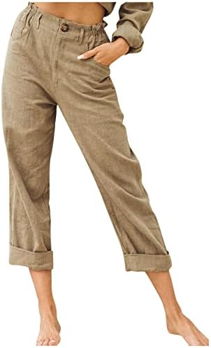 calças de linho lcepcy para mulheres, bóns de cintura elástica calças de perna reta sólidas verão solta as calças de cintura