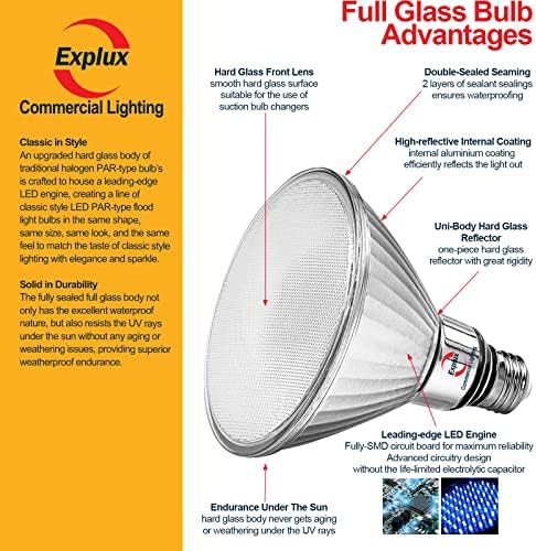 Explux LED de nível comercial PAR38, 150W equivalente, 1800 lúmens, 40000 horas, lâmpadas clássicas de inundação de vidro clássicas, lâmpadas diminuídas, impermeáveis ​​e antienvelhecimento, luz do dia 5000k, 4-pacote