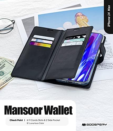 Carteira de Mansoor Goospery projetada para iPhone 14 Plus [slots de 9 cartões+2 bolso lateral extra] Dupla lados com