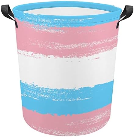 Cestas de lavanderia de bandeira de transgêneros com alças de roupas redondas dobráveis ​​e travessuras de coures de